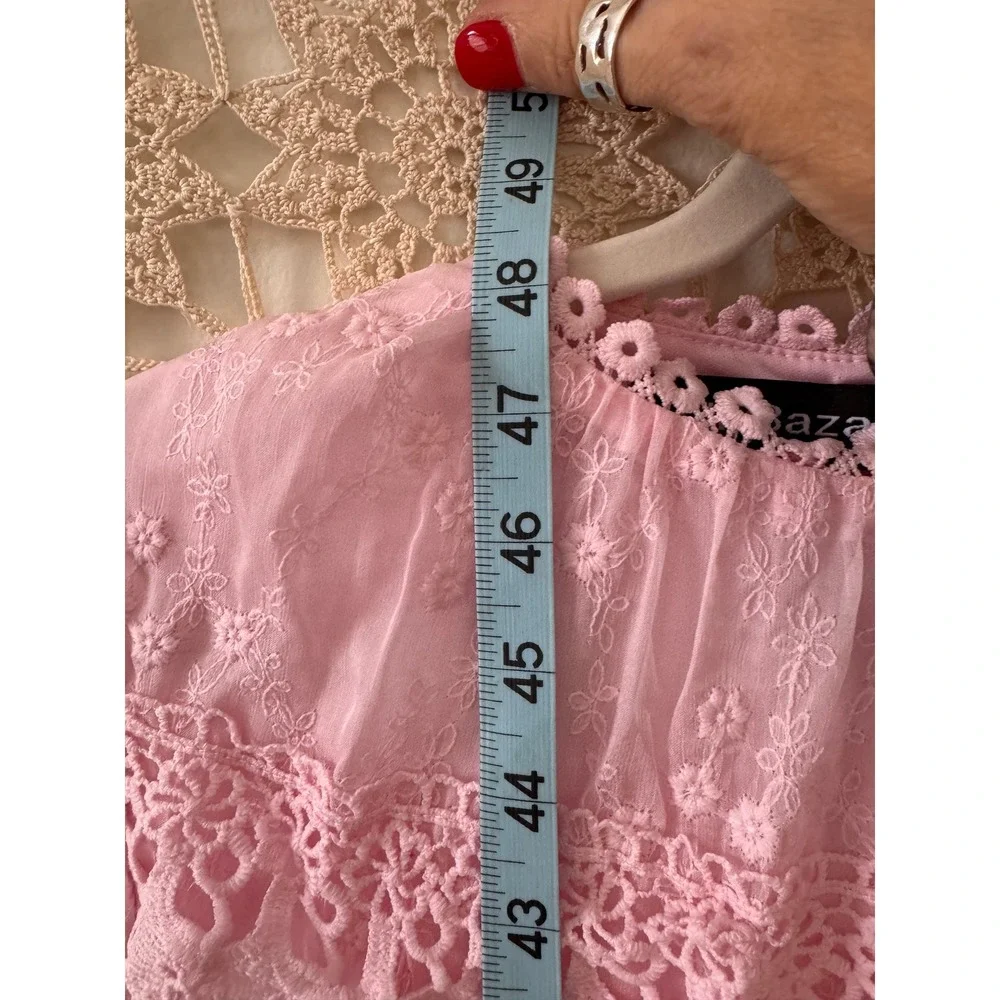 Pink Lace Tiered Coquette Midi ‎ Dress Long Sleeve Feminine Cottagecore Sz L